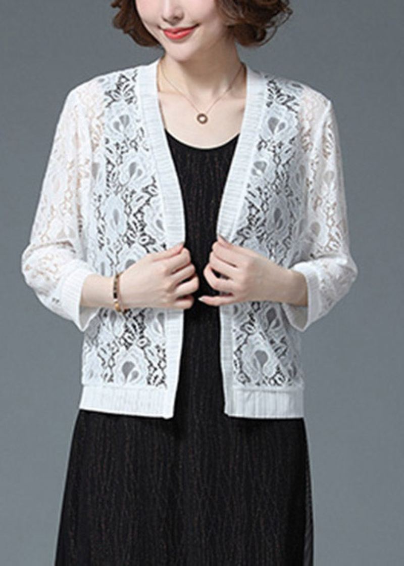 Plus Size White Hollow Out Lace Upf 50+ Cardigan Langermet