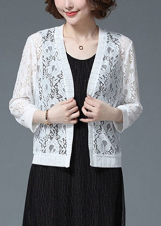 Plus Size White Hollow Out Lace Upf 50+ Cardigan Langermet