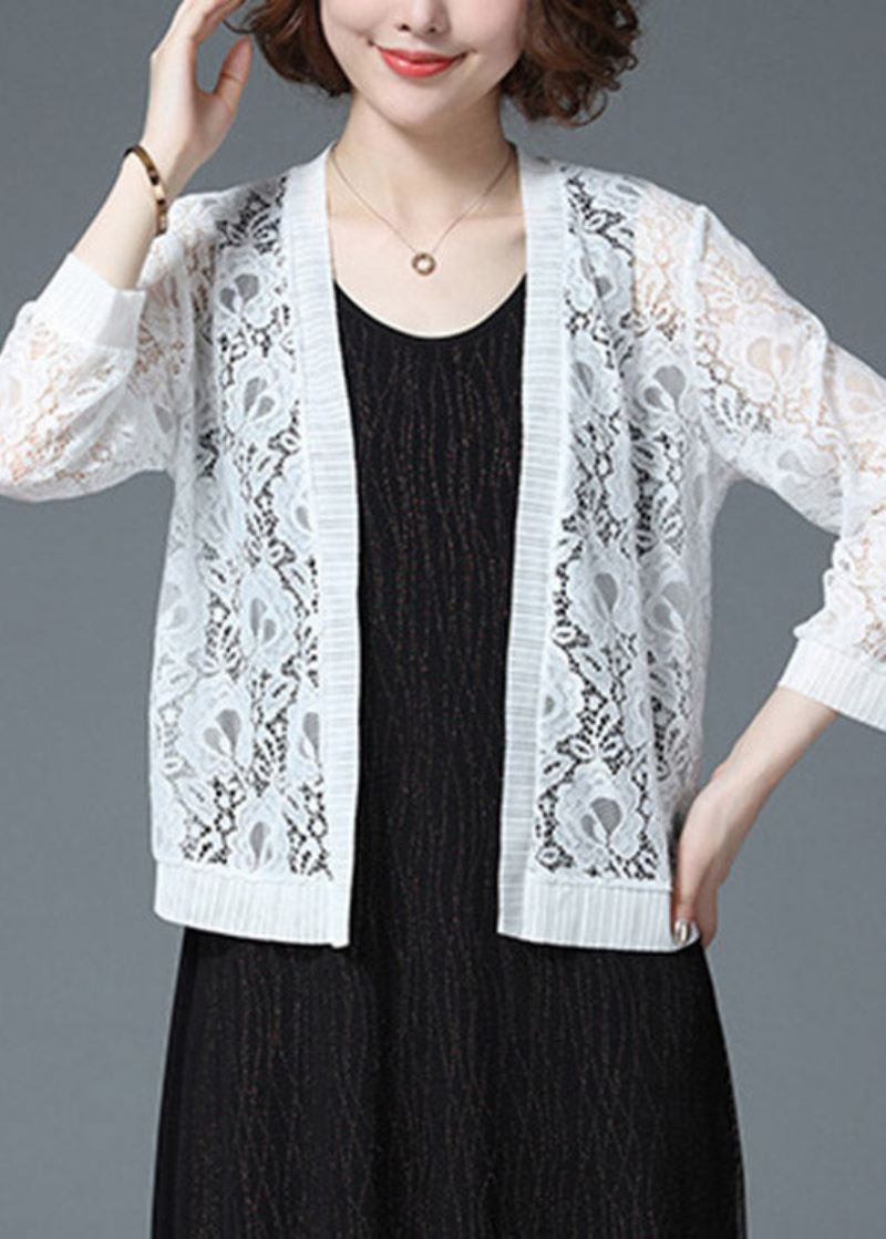 Plus Size White Hollow Out Lace Upf 50+ Cardigan Langermet - Cardigans for kvinner