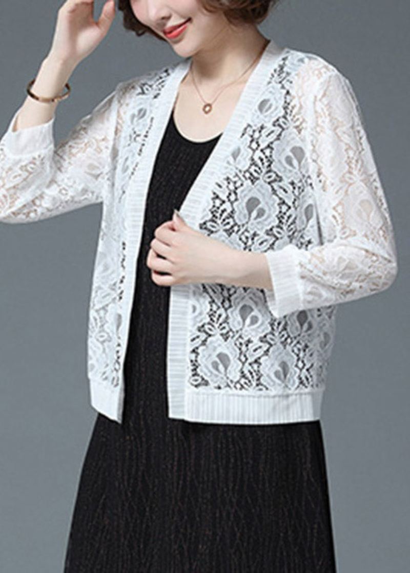 Plus Size White Hollow Out Lace Upf 50+ Cardigan Langermet - Cardigans for kvinner