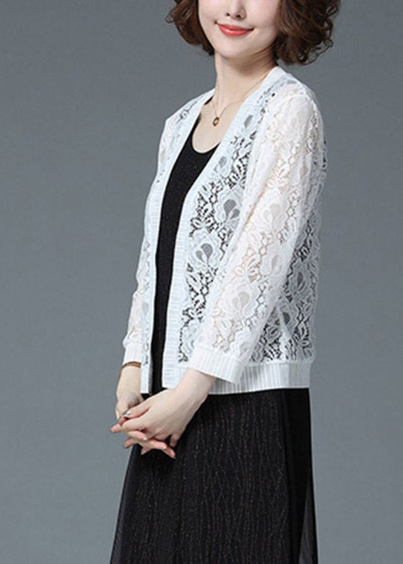 Plus Size White Hollow Out Lace Upf 50+ Cardigan Langermet - Cardigans for kvinner