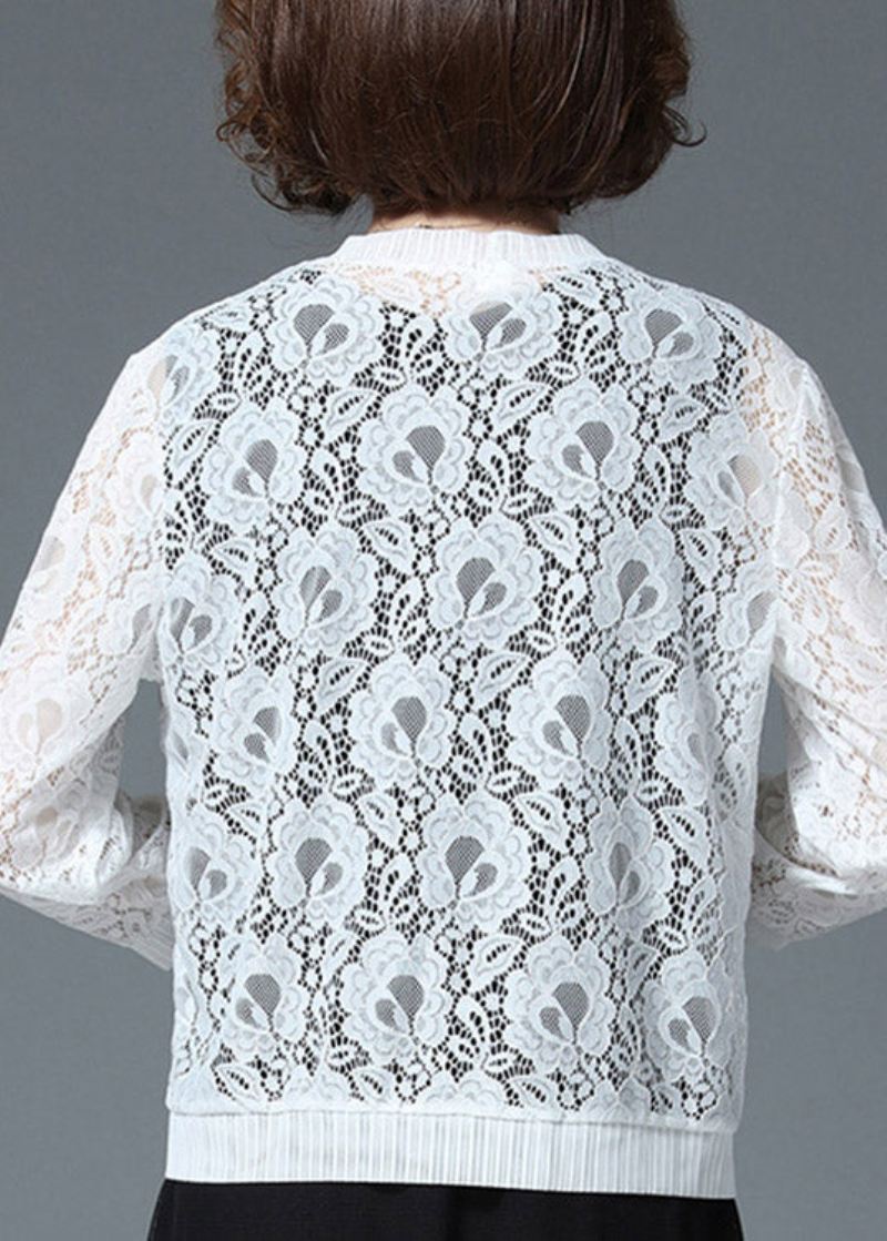 Plus Size White Hollow Out Lace Upf 50+ Cardigan Langermet - Cardigans for kvinner