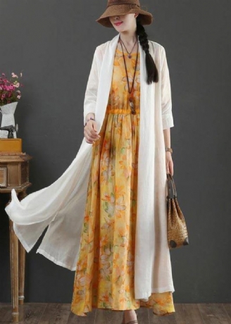 Plus Size White Summer Linen Side Open Loose Coat Long