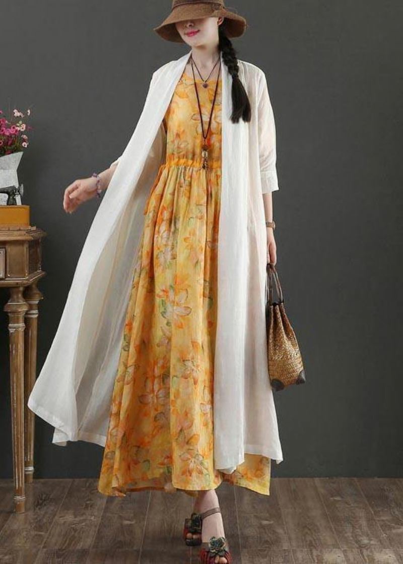 Plus Size White Summer Linen Side Open Loose Coat Long - Cardigans for kvinner