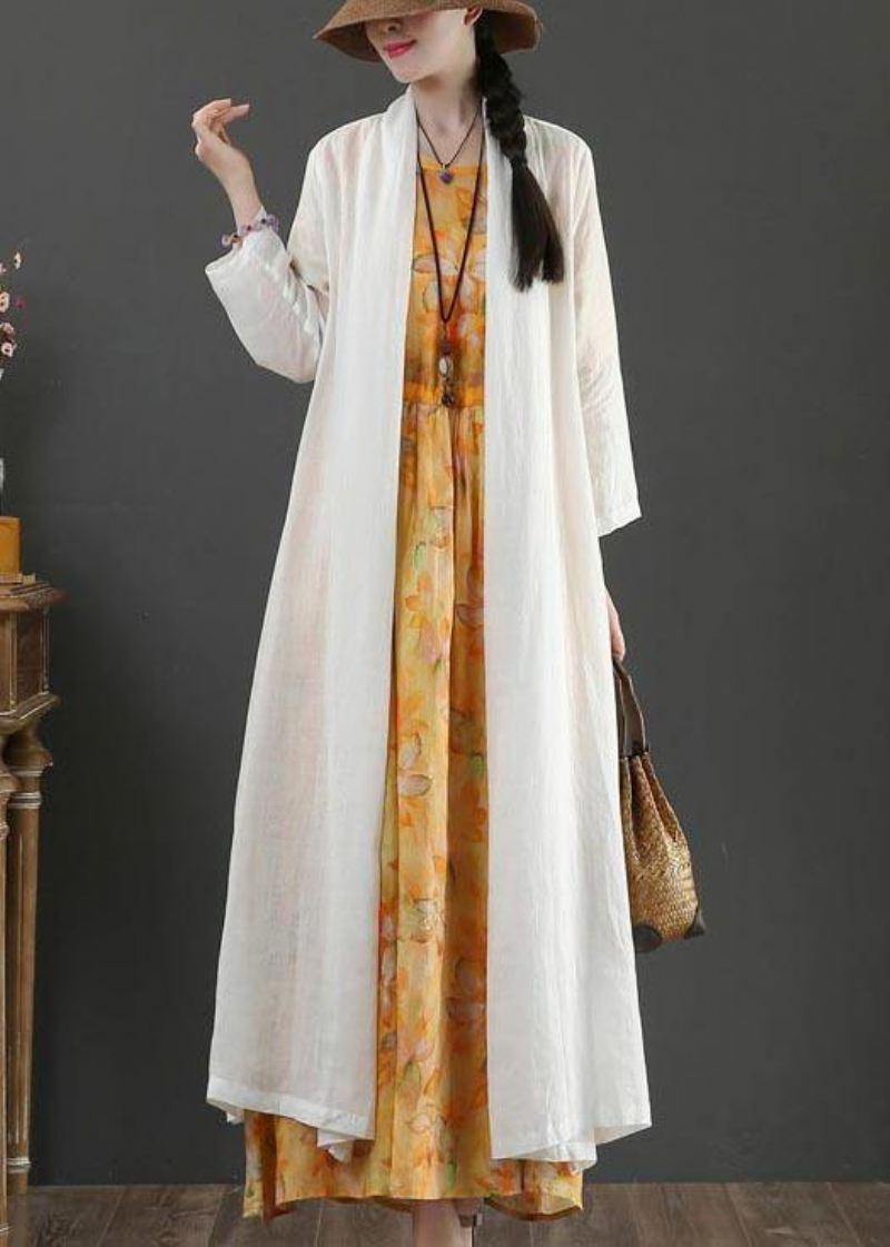 Plus Size White Summer Linen Side Open Loose Coat Long - Cardigans for kvinner