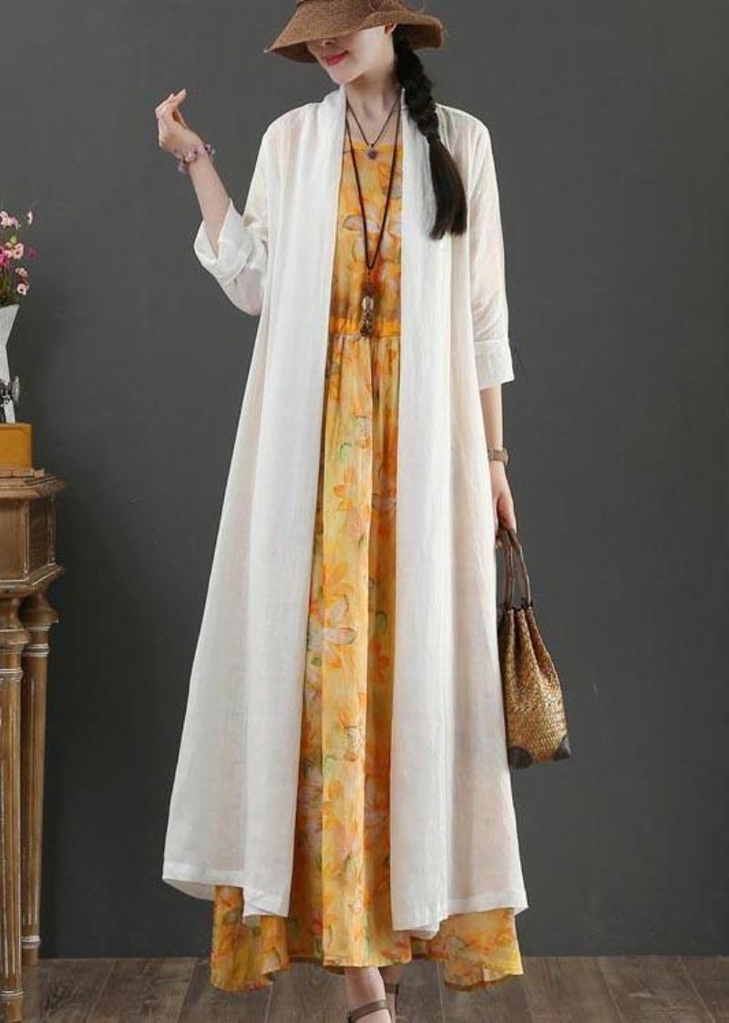 Plus Size White Summer Linen Side Open Loose Coat Long - Cardigans for kvinner