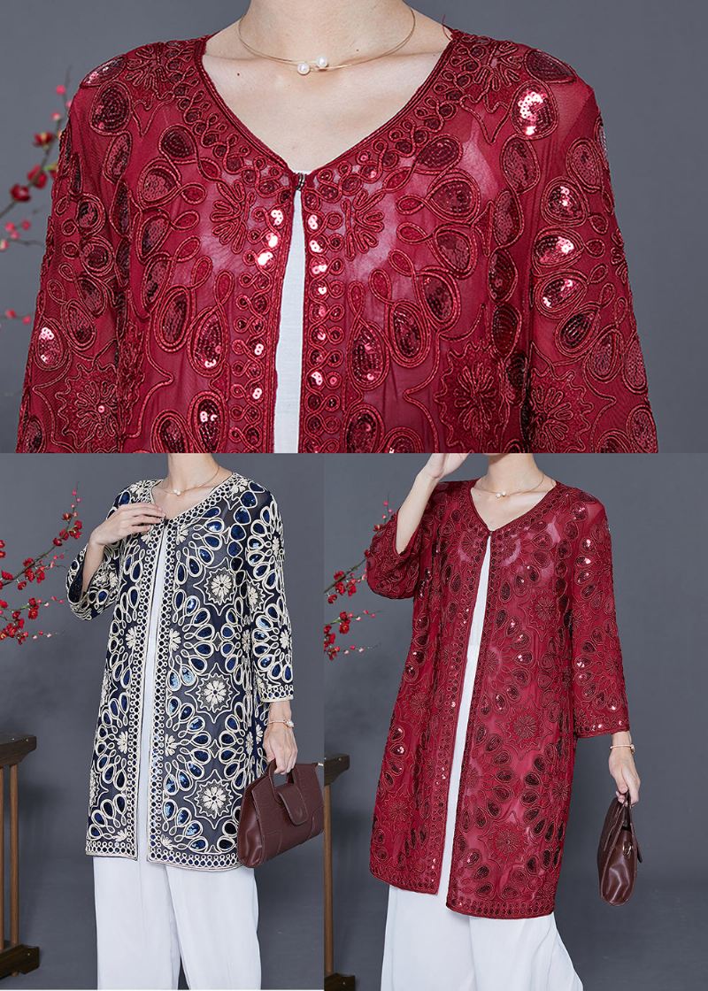 Red Hollow Out Tulle Upf 50+ Cardigans Brodert Sommer - Cardigans for kvinner