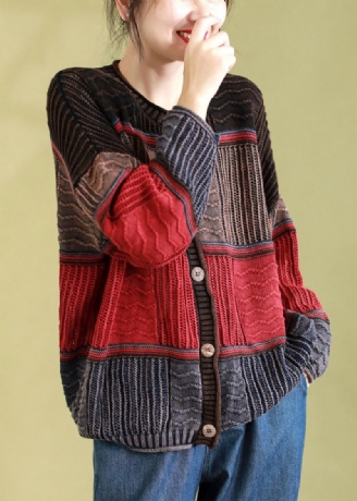 Rød Casual Patchwork Strikket Cardigan O-hals Knappfjær