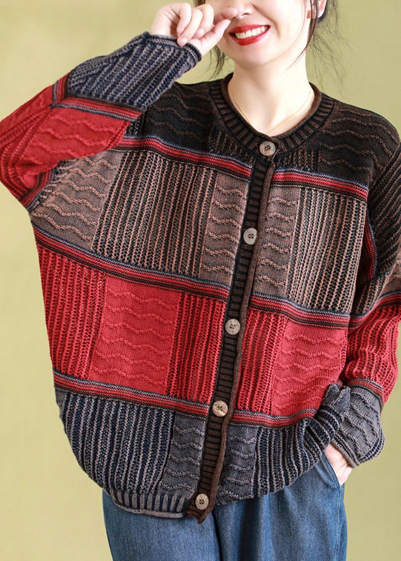 Rød Casual Patchwork Strikket Cardigan O-hals Knappfjær - Cardigans for kvinner