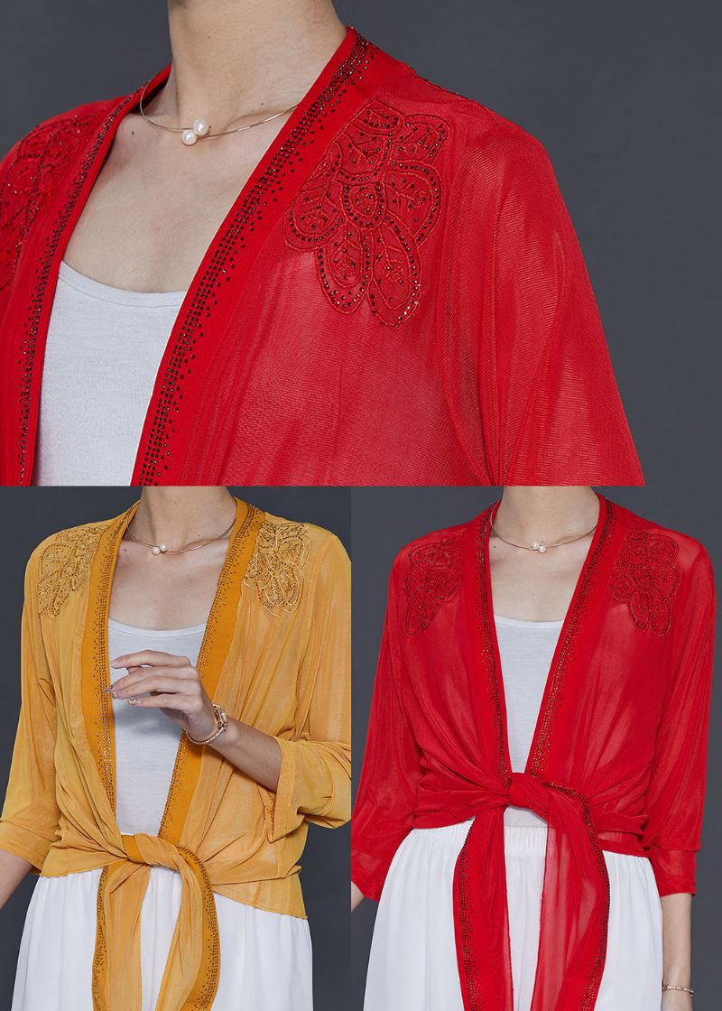 Røde Chiffon Cardigans Brodert Sirkon Sommer - Cardigans for kvinner