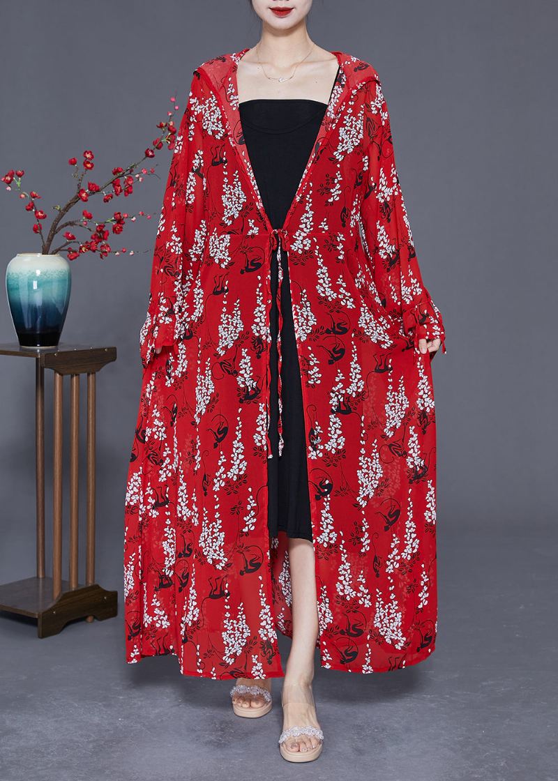 Rødt Print Chiffon Lang Cardigan Hette Slips Midje Sommer