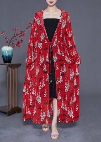 Rødt Print Chiffon Lang Cardigan Hette Slips Midje Sommer