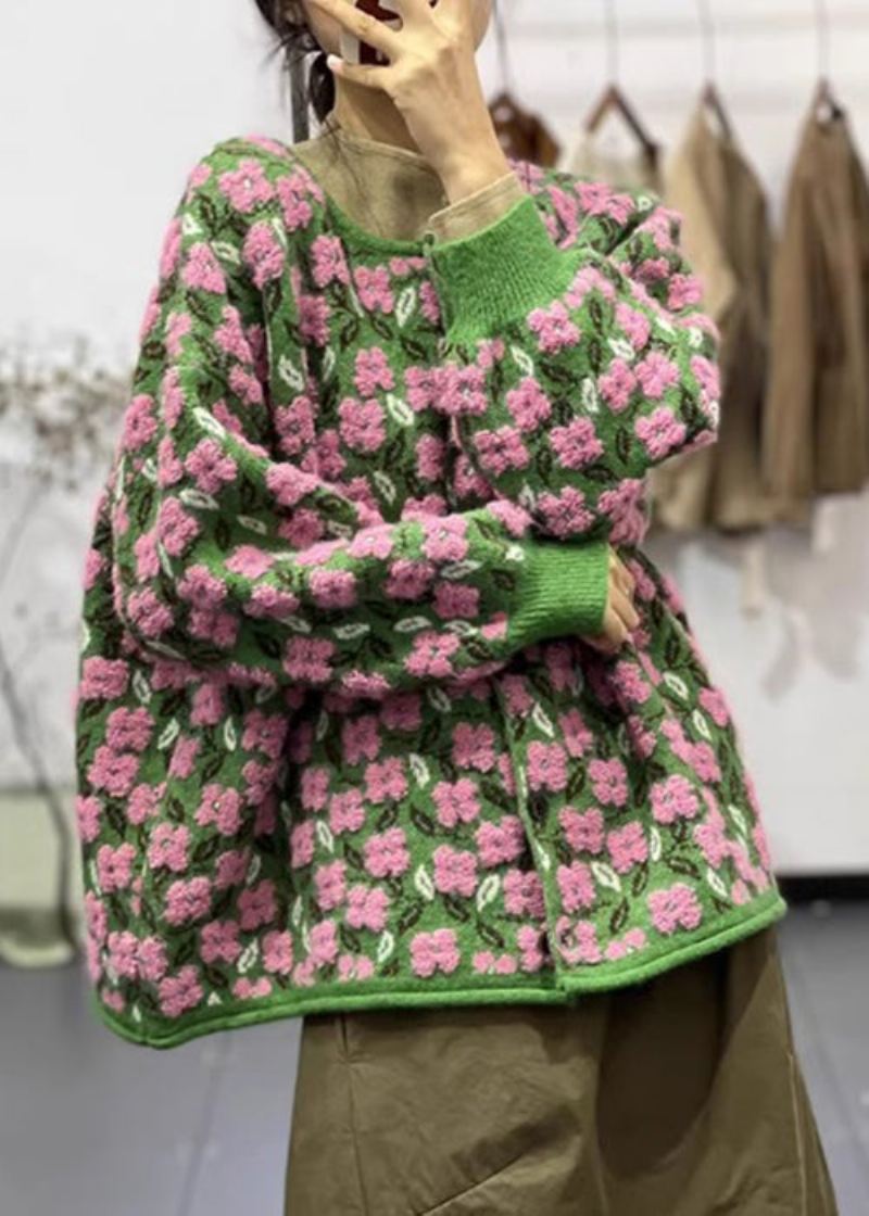 Rosa Blomster O-hals Knapp Patchwork Bomull Strikket Kåper Langermet - Cardigans for kvinner