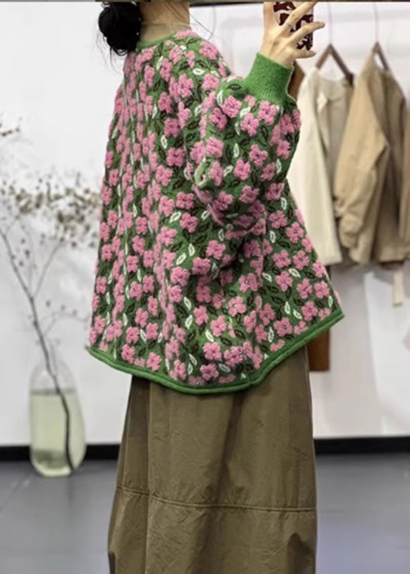 Rosa Blomster O-hals Knapp Patchwork Bomull Strikket Kåper Langermet - Cardigans for kvinner