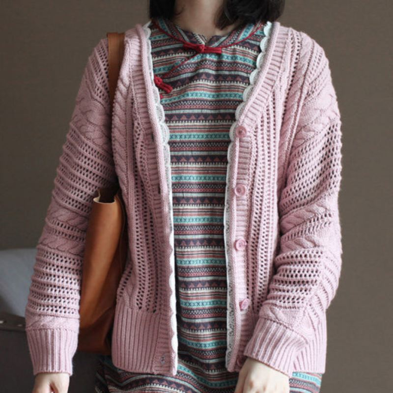 Rosa Vintage Bomullsgenser Topper Løse Casual Blonder Chunky Strikke Cardigans