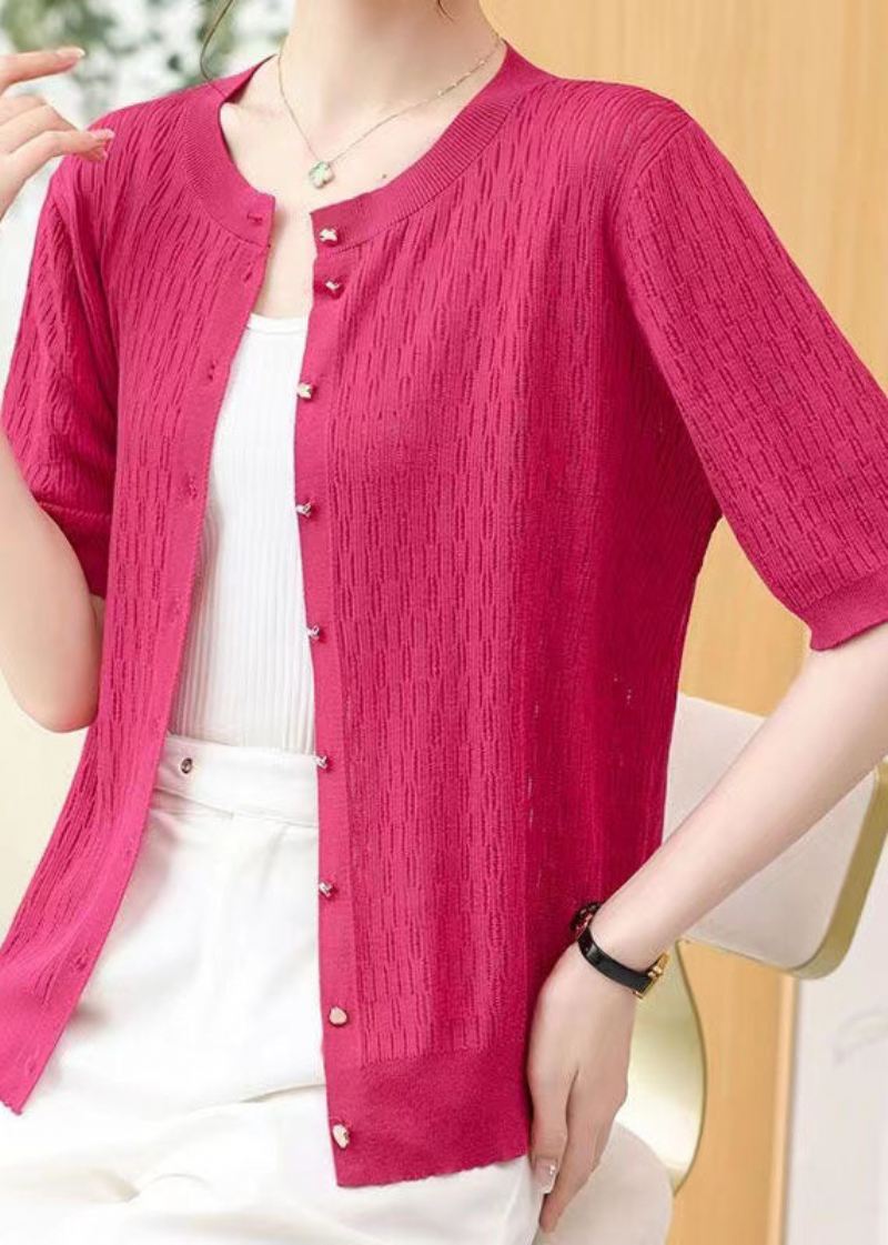 Rose Patchwork Tynn Strikket Cardigan O-hals Hul Ut Sommer