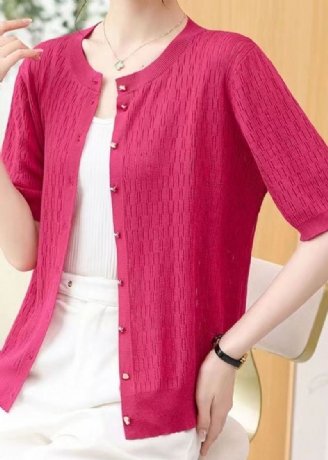 Rose Patchwork Tynn Strikket Cardigan O-hals Hul Ut Sommer