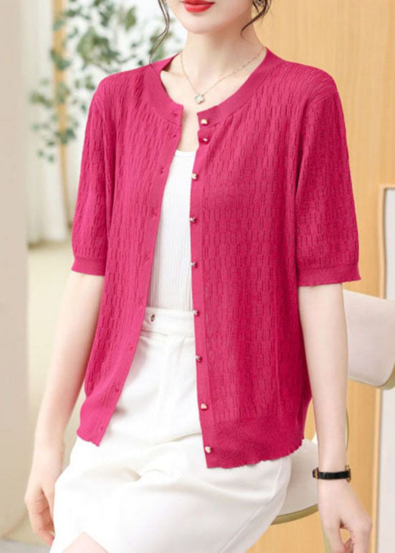 Rose Patchwork Tynn Strikket Cardigan O-hals Hul Ut Sommer - Cardigans for kvinner