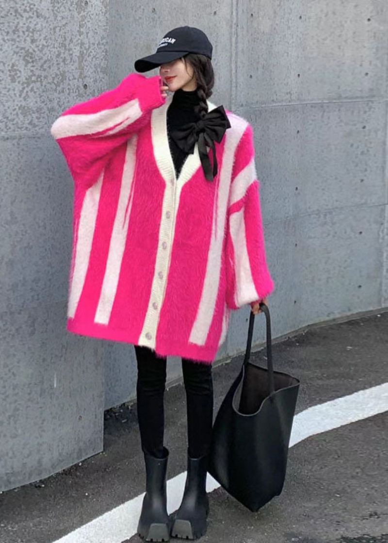 Rose Striped Mink Hår Strikket Løs Frakk Oversized Batwing Sleeve