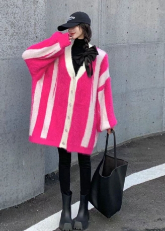 Rose Striped Mink Hår Strikket Løs Frakk Oversized Batwing Sleeve