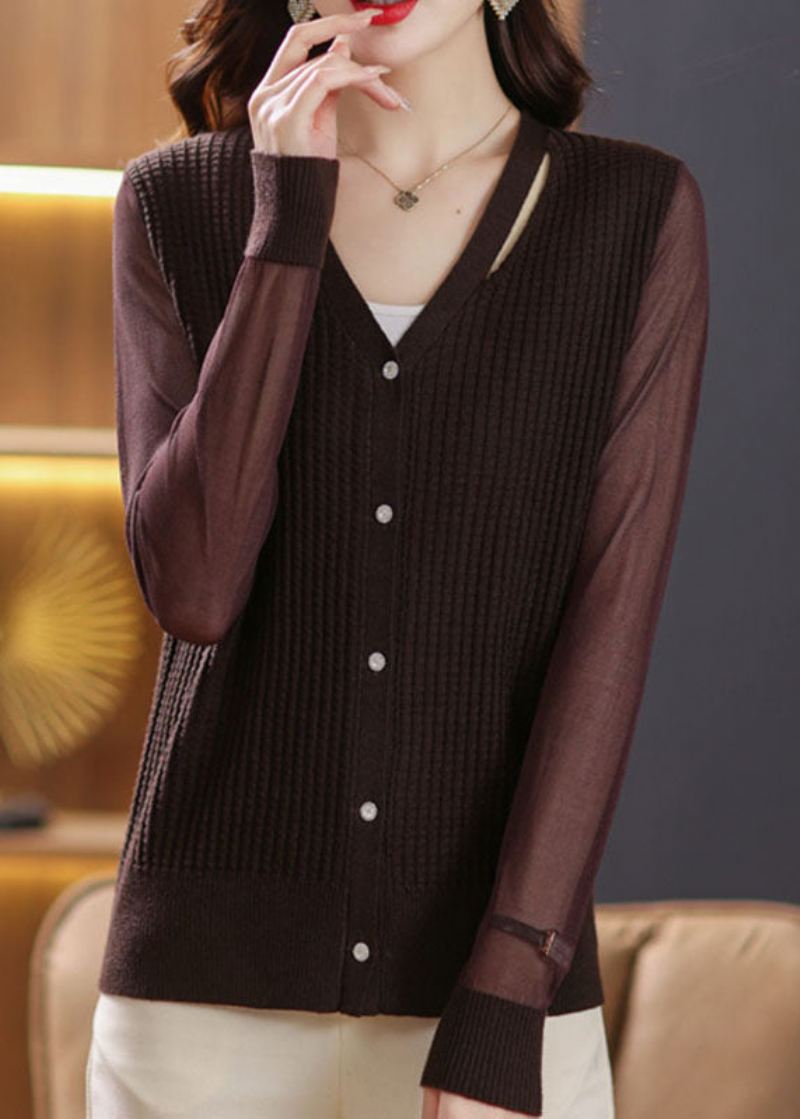 Sexy Kaffe V-hals Patchwork Ice Size Strikk Cardigan Fall - Kaffe