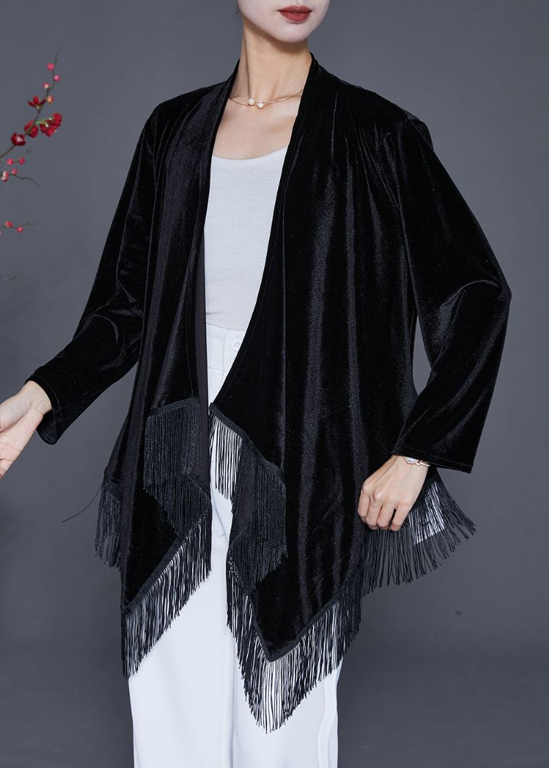 Sort Overdimensjonert Silke Velour Cardigan Asymmetrisk Dusk Høst