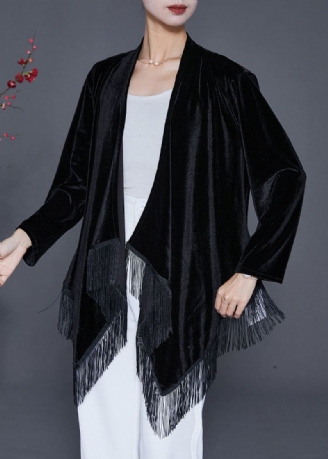 Sort Overdimensjonert Silke Velour Cardigan Asymmetrisk Dusk Høst