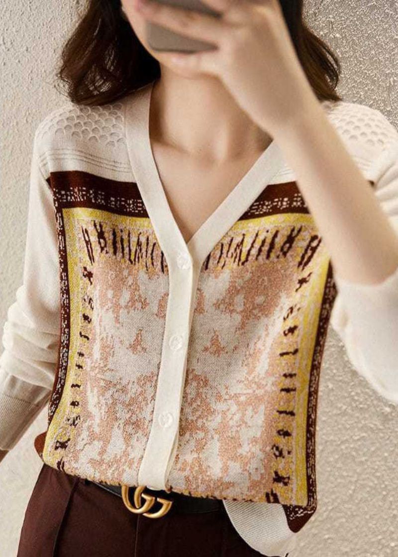 Stil Beige V-hals Jacquard Strikket Kort Cardigans Langermet - Cardigans for kvinner