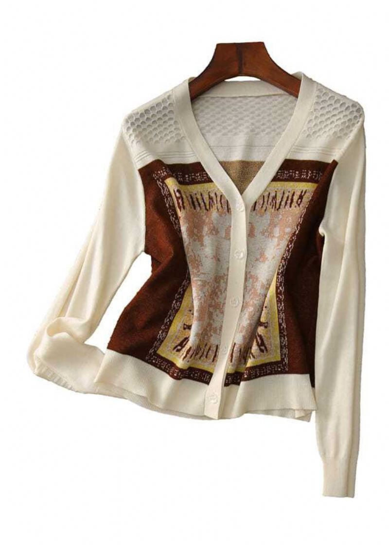 Stil Beige V-hals Jacquard Strikket Kort Cardigans Langermet - Cardigans for kvinner