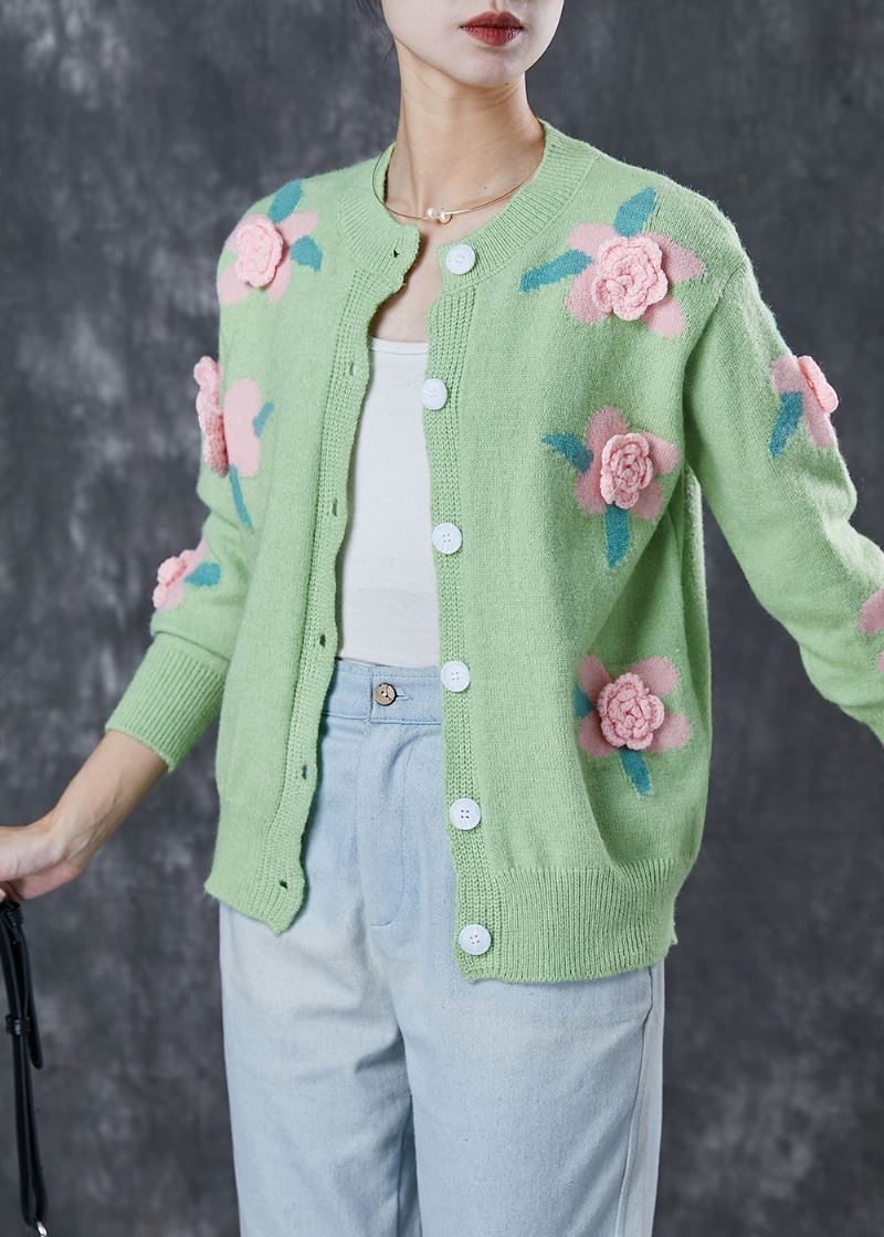 Stil Grønn Stereoskopisk Floral Koselig Strikket Cardigan Spring - Cardigans for kvinner