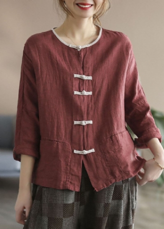 Stil Rød Patchwork Kinesisk Button Lin Cardigans Armbånd Sleeve