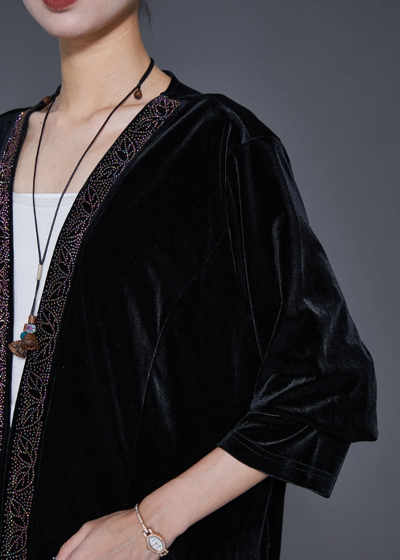 Stil Svart Brodert Oversized Silke Velour Lang Cardigan Fall - Cardigans for kvinner