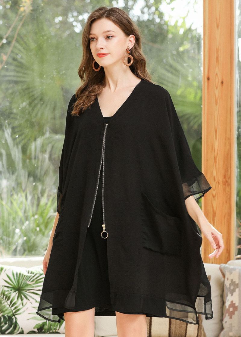 Stil Svart Oversized Zip Up Lommer Chiffon Coat Batwing Sleeve