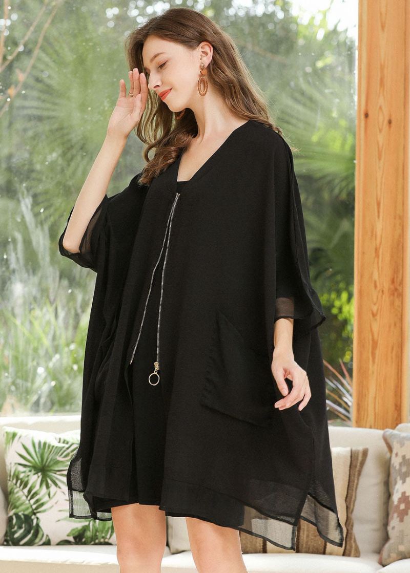 Stil Svart Oversized Zip Up Lommer Chiffon Coat Batwing Sleeve - Cardigans for kvinner