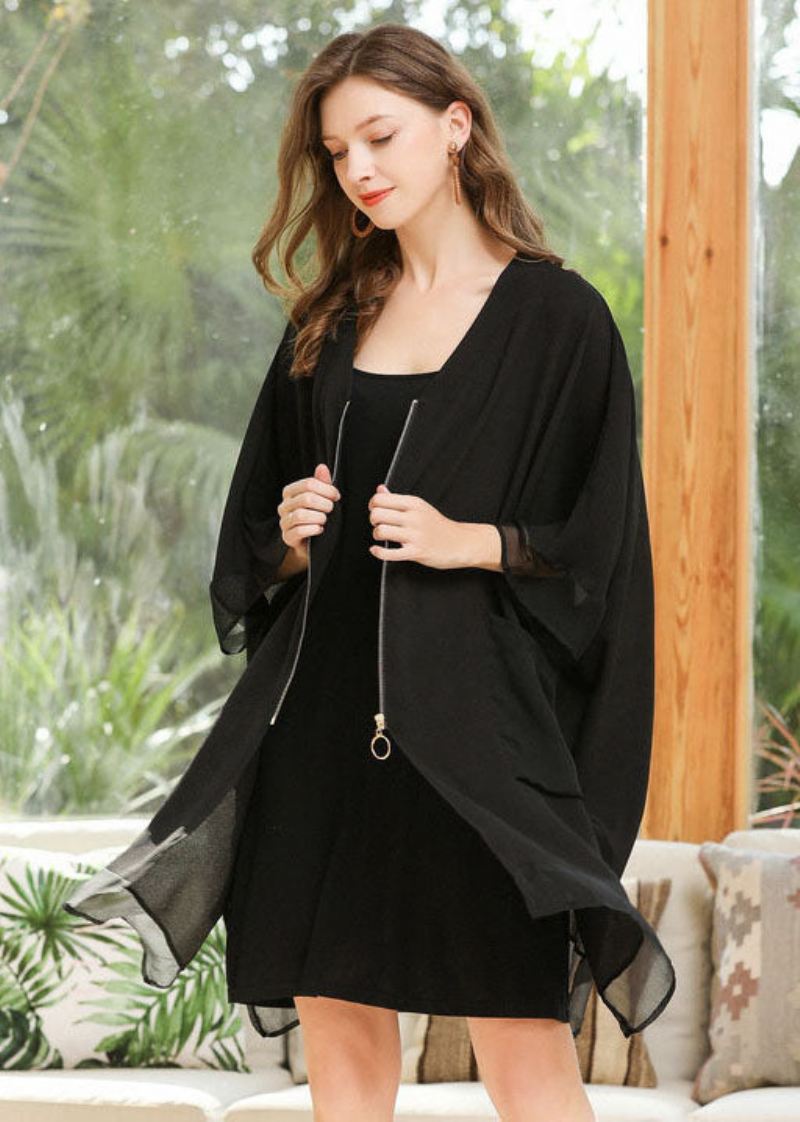 Stil Svart Oversized Zip Up Lommer Chiffon Coat Batwing Sleeve - Cardigans for kvinner