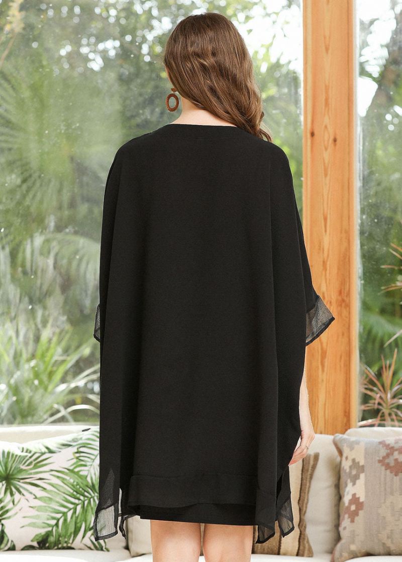 Stil Svart Oversized Zip Up Lommer Chiffon Coat Batwing Sleeve - Cardigans for kvinner