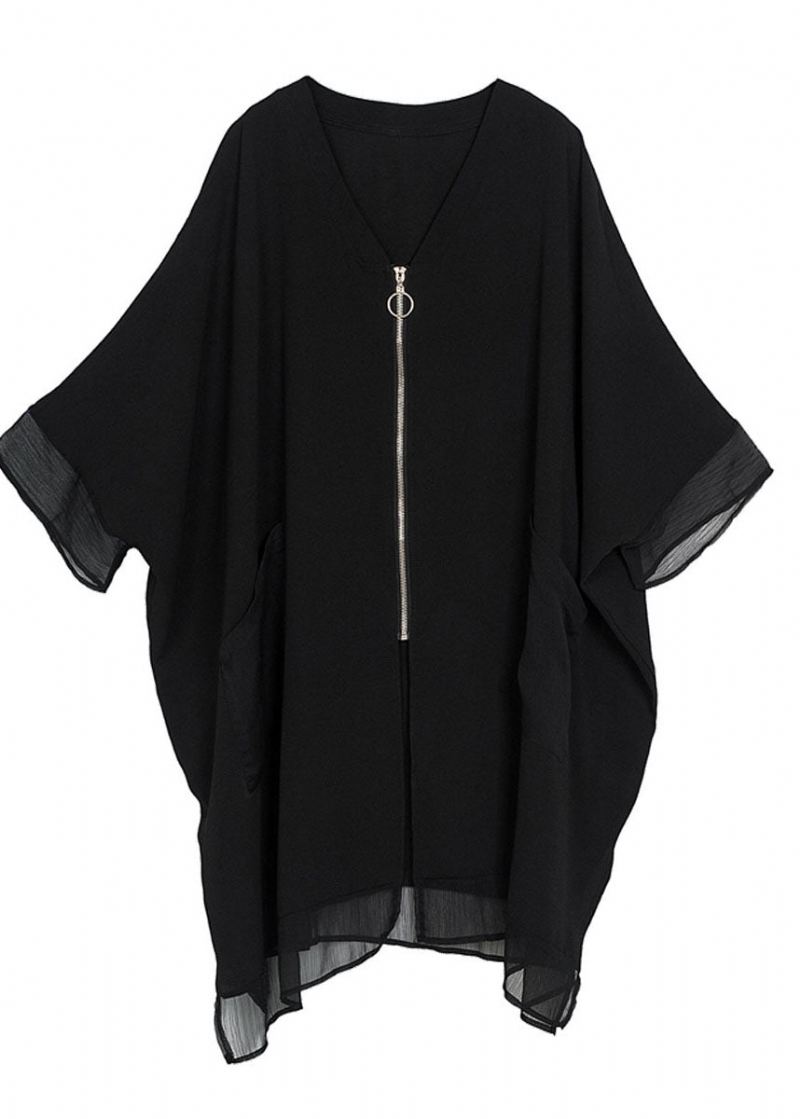 Stil Svart Oversized Zip Up Lommer Chiffon Coat Batwing Sleeve - Cardigans for kvinner