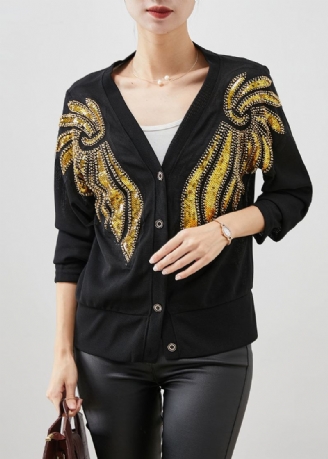 Stil Svarte Paljetter Button Down Cotton Cardigan Fall