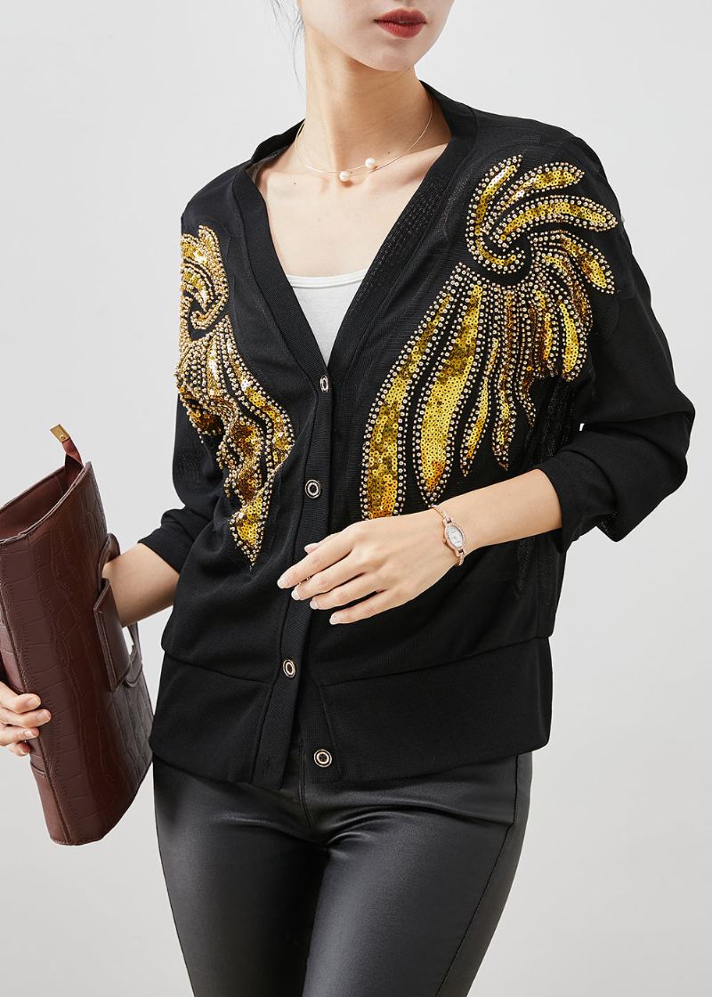 Stil Svarte Paljetter Button Down Cotton Cardigan Fall - Cardigans for kvinner