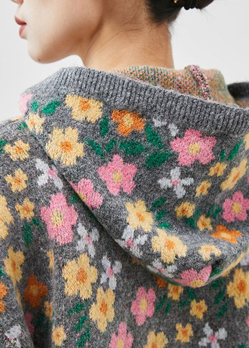 Stilig Grå Glidelås Med Blomstertrykk Knit Coat Spring - Cardigans for kvinner