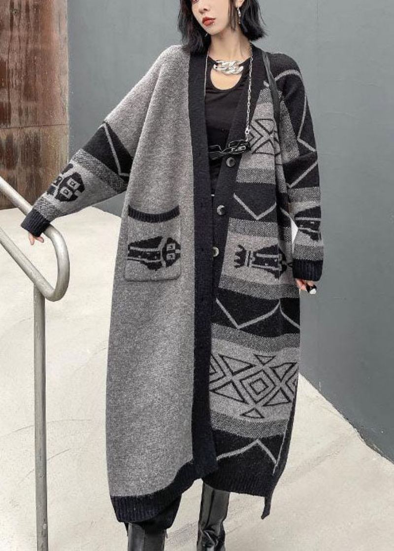 Stilig Grå V-hals Asymmetrisk Design Print Strikk Lazy Long Coats Langermet