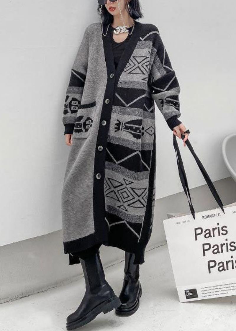 Stilig Grå V-hals Asymmetrisk Design Print Strikk Lazy Long Coats Langermet - Cardigans for kvinner