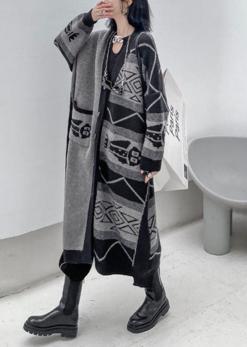 Stilig Grå V-hals Asymmetrisk Design Print Strikk Lazy Long Coats Langermet - Cardigans for kvinner