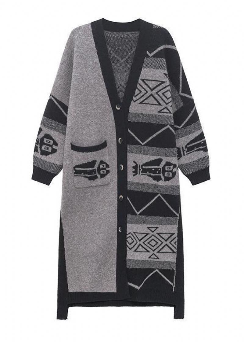 Stilig Grå V-hals Asymmetrisk Design Print Strikk Lazy Long Coats Langermet - Cardigans for kvinner