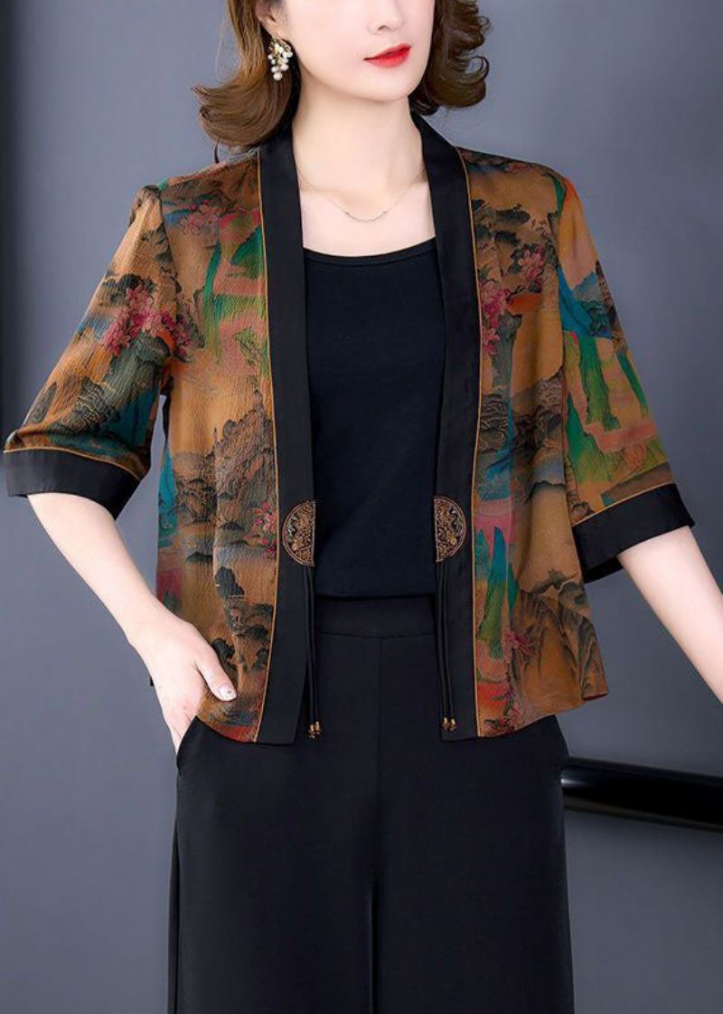 Stilig Khaki Oversized Print Silk Cardigan Half Sleeve - Cardigans for kvinner