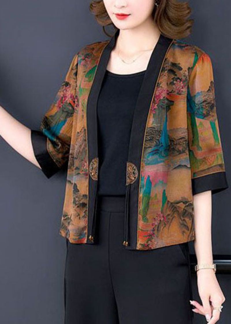 Stilig Khaki Oversized Print Silk Cardigan Half Sleeve - Cardigans for kvinner