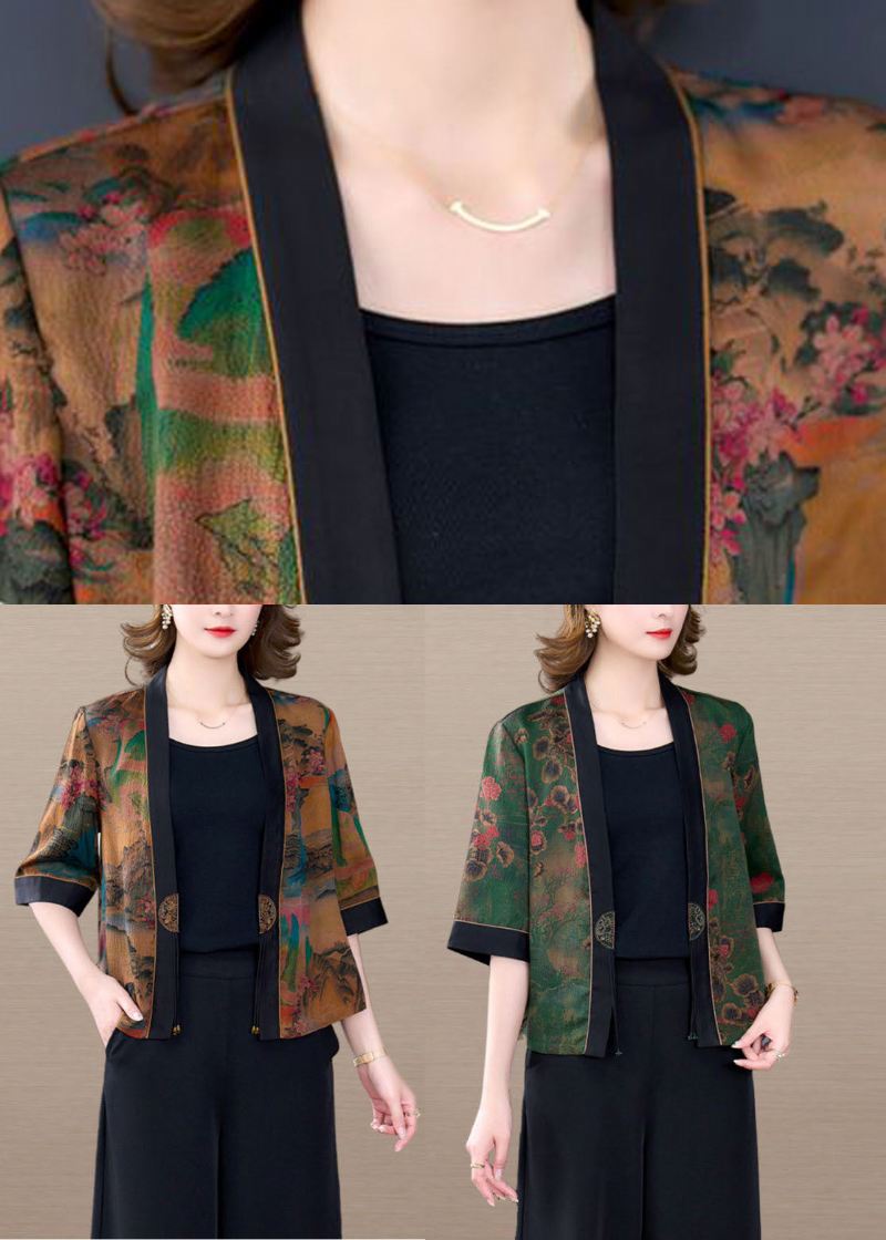 Stilig Khaki Oversized Print Silk Cardigan Half Sleeve - Cardigans for kvinner