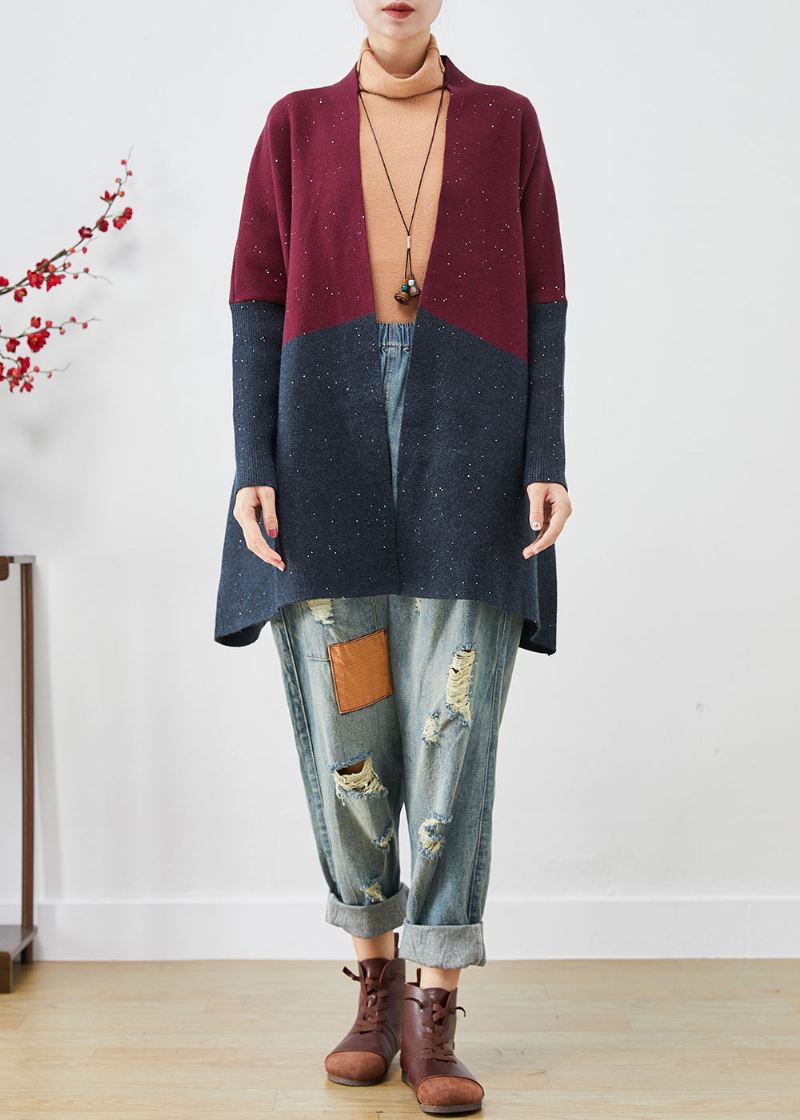 Stilig Mulberry Oversized Patchwork Strikkede Cardigans Flaggermusermer