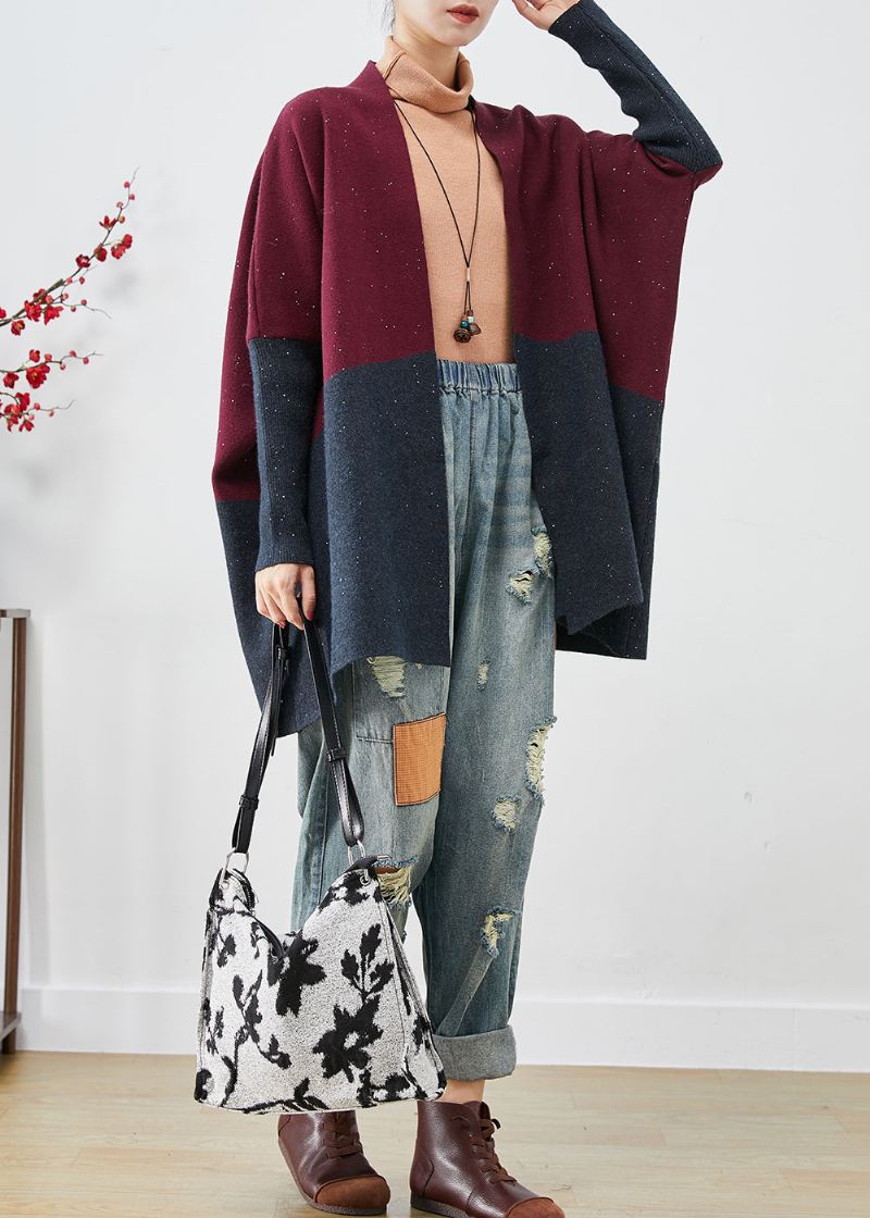 Stilig Mulberry Oversized Patchwork Strikkede Cardigans Flaggermusermer - Cardigans for kvinner