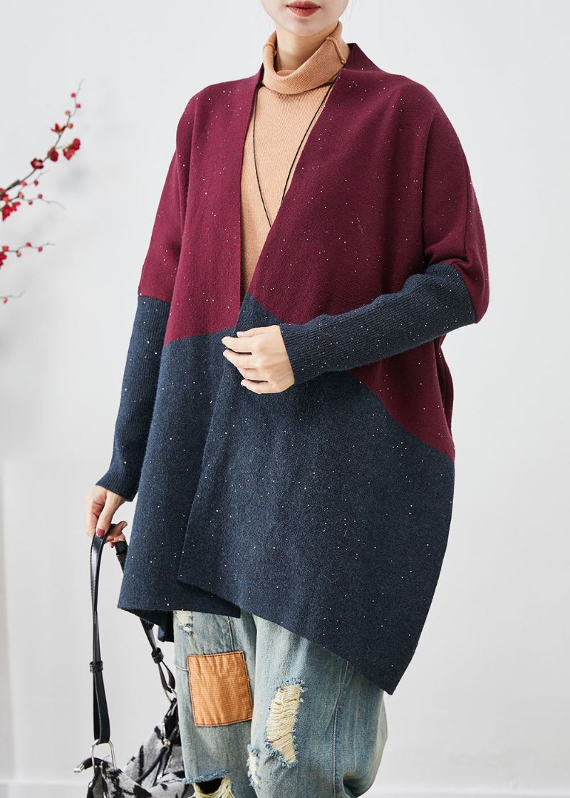 Stilig Mulberry Oversized Patchwork Strikkede Cardigans Flaggermusermer - Cardigans for kvinner